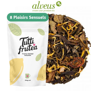 Sachet vrac 200g 8 Plaisirs Sensuels Alveus, mélange de 8 thés verts et blancs, morceaux d'ananas, fraises et fleurs de souci.