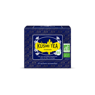Boîte de 20 sachets mousselines Anastasia Bio Kusmi Tea, thé noir Earl Grey bergamote et fleur d'oranger.