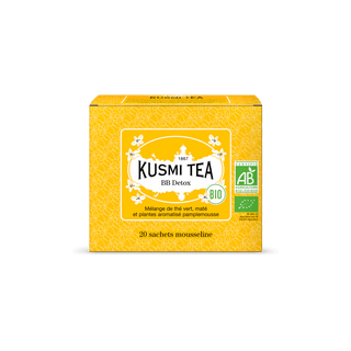 Boîte de 20 sachets mousselines BB Detox Bio Kusmi Tea, mélange thé vert, maté et notes de pamplemousse.
