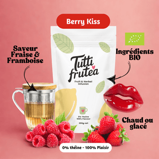 Sachet vrac 200g infusion bio Berry Kiss, mélange gourmand de morceaux de fraises, framboises et baies rouges.