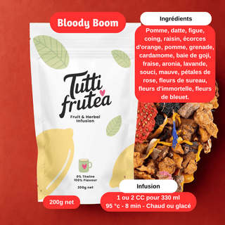 Sachet vrac 200g infusion Bloody Boom, mélange de fruits rouges, écorces d'orange sanguine et pépins de grenade.