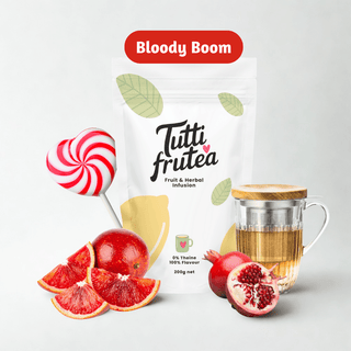 Sachet vrac 200g infusion Bloody Boom, mélange de fruits rouges, écorces d'orange sanguine et pépins de grenade.