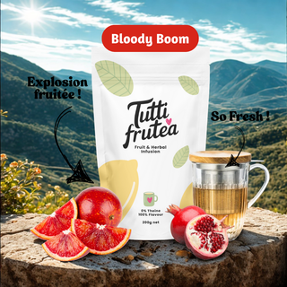 Sachet vrac 200g infusion Bloody Boom, mélange de fruits rouges, écorces d'orange sanguine et pépins de grenade.
