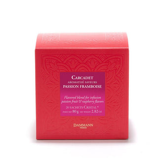 Boîte de 20 sachets Cristal Dammann Frères Carcadet Passion Framboise, infusion d'hibiscus et morceaux de fruits.