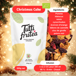 Sachet vrac 200g infusion bio Christmas Cake, mélange d'écorces d'orange, cannelle et épices douces sans théine.