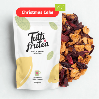 Sachet vrac 200g infusion bio Christmas Cake, mélange d'écorces d'orange, cannelle et épices douces sans théine.