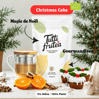 Sachet vrac 200g infusion bio Christmas Cake, mélange d'écorces d'orange, cannelle et épices douces sans théine.