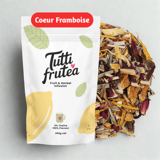 Sachet vrac 200g d'infusion bio Coeur Framboise, mélange de morceaux de framboises et notes de citron sans théine.