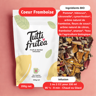 Sachet vrac 200g d'infusion bio Coeur Framboise, mélange de morceaux de framboises et notes de citron sans théine.