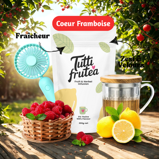 Sachet vrac 200g d'infusion bio Coeur Framboise, mélange de morceaux de framboises et notes de citron sans théine.