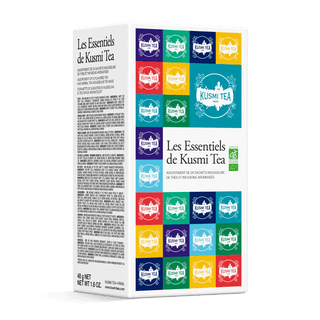 Coffret cadeau Les Essentiels Bio Kusmi Tea contenant 24 sachets mousselines de thés et infusions iconiques variés.