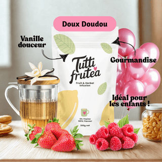 Sachet 200g infusion bio Doux Doudou, mélange de fruits rouges et vanille sans théine pour une boisson réconfortante.
