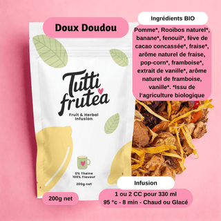 Sachet 200g infusion bio Doux Doudou, mélange de fruits rouges et vanille sans théine pour une boisson réconfortante.