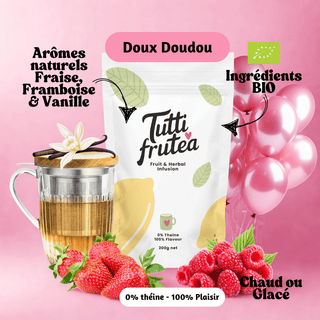 Sachet 200g infusion bio Doux Doudou, mélange de fruits rouges et vanille sans théine pour une boisson réconfortante.
