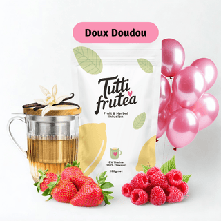 Sachet 200g infusion bio Doux Doudou, mélange de fruits rouges et vanille sans théine pour une boisson réconfortante.