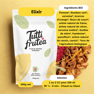 Sachet vrac 200g de l'infusion bio Elixir, mélange de zestes de citron et de baies sauvages sans théine.