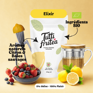 Sachet vrac 200g de l'infusion bio Elixir, mélange de zestes de citron et de baies sauvages sans théine.