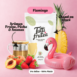 Sachet vrac 200g infusion Flamingo, mélange rose et ensoleillé de morceaux d'ananas, de pêche et de fraises séchées.