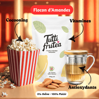 Sachet vrac 200g infusion gourmande Flocon d'Amandes, mélange d'amandes grillées, morceaux de pomme et pop-corn.