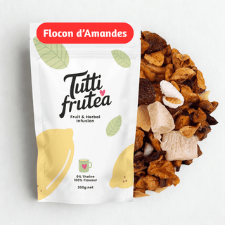 Sachet vrac 200g infusion gourmande Flocon d'Amandes, mélange d'amandes grillées, morceaux de pomme et pop-corn.