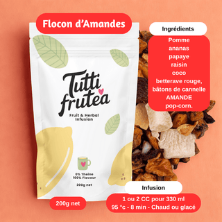 Sachet vrac 200g infusion gourmande Flocon d'Amandes, mélange d'amandes grillées, morceaux de pomme et pop-corn.