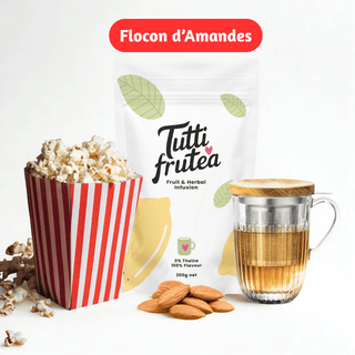 Sachet vrac 200g infusion gourmande Flocon d'Amandes, mélange d'amandes grillées, morceaux de pomme et pop-corn.