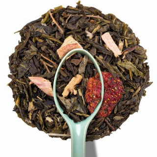 Thé vert vrac 200g Fraise Rhubarbe Alveus, feuilles de Sencha, morceaux de fraises, rhubarbe et feuilles de mûre.