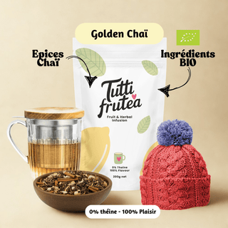Sachet vrac 200g d'infusion bio Golden Chaï, mélange d'épices (curcuma, cannelle, gingembre) sans théine.