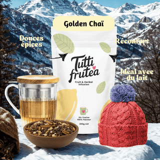 Sachet vrac 200g d'infusion bio Golden Chaï, mélange d'épices (curcuma, cannelle, gingembre) sans théine.