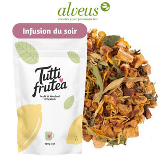 Sachet vrac 200g Infusion du Soir Alveus, mélange de verveine entière, fleurs de houblon, tulsi et écorces d'orange.