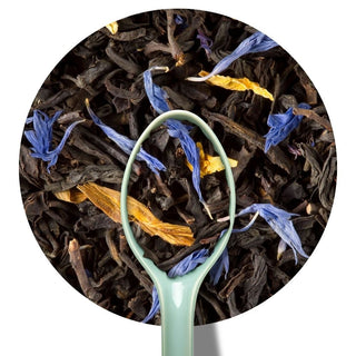 Sachet vrac 200g de thé noir Dammann Frères Jardin Bleu, parsemé de pétales de bleuet et d'hélianthe, saveur fraise.