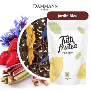 Sachet vrac 200g de thé noir Dammann Frères Jardin Bleu, parsemé de pétales de bleuet et d'hélianthe, saveur fraise.