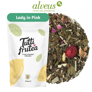 Sachet vrac 200g thé Lady in Pink Alveus, feuilles de thé blanc Pai Mu Tan, pétales de rose et morceaux de framboise.