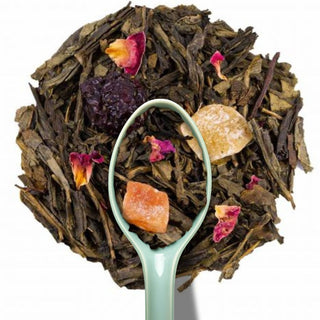 Sachet vrac 200g thé vert Le Chant des Anges Alveus, feuilles de Sencha, morceaux de cerises, ananas et pétales de rose.