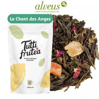 Sachet vrac 200g thé vert Le Chant des Anges Alveus, feuilles de Sencha, morceaux de cerises, ananas et pétales de rose.