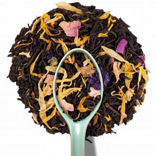 Thé noir vrac 200g Soleil d'Andalousie Alveus, feuilles d'Assam, pétales de souci, rose, mauve et morceaux de fruits.