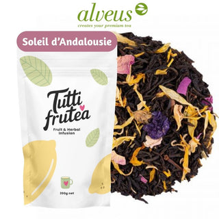 Thé noir vrac 200g Soleil d'Andalousie Alveus, feuilles d'Assam, pétales de souci, rose, mauve et morceaux de fruits.