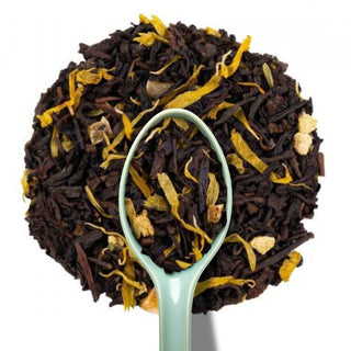 Sachet vrac 200g thé Pu Erh Soleil Levant Alveus, feuilles de thé sombre, écorces d'orange et pétales de souci jaunes.