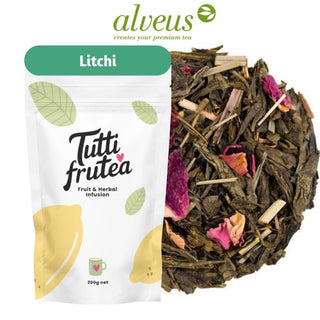 Thé vrac 200g Litchi Alveus, mélange de thé vert, thé blanc Mao Feng, feuilles de bambou, pétales de rose et litchi.