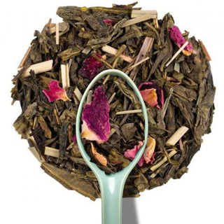 Thé vrac 200g Litchi Alveus, mélange de thé vert, thé blanc Mao Feng, feuilles de bambou, pétales de rose et litchi.
