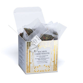 Boîte de 25 sachets Cristal Dammann Frères, thé vert aromatisé Macaron Cassis et notes de Violette.