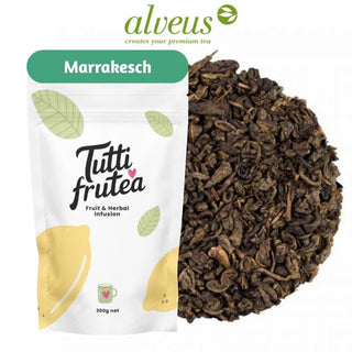 Thé vert vrac 200g Marrakesch Alveus, feuilles de thé Gunpowder bio et feuilles de menthe poivrée entière.