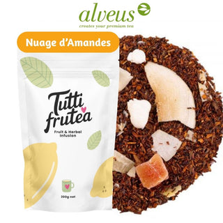 Sachet vrac 200g Rooibos Super Grade Nuage d'Amandes Alveus, éclats d'amandes grillées et copeaux de noix de coco.
