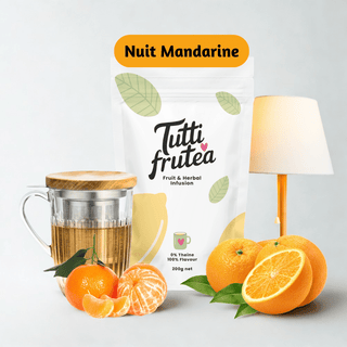 Sachet vrac 200g infusion bio Nuit Mandarine, mélange d'écorces d'agrumes et de morceaux de fruits sans théine.
