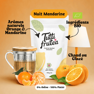 Sachet vrac 200g infusion bio Nuit Mandarine, mélange d'écorces d'agrumes et de morceaux de fruits sans théine.