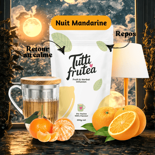 Sachet vrac 200g infusion bio Nuit Mandarine, mélange d'écorces d'agrumes et de morceaux de fruits sans théine.