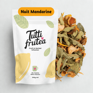 Sachet vrac 200g infusion bio Nuit Mandarine, mélange d'écorces d'agrumes et de morceaux de fruits sans théine.