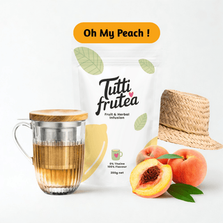 Sachet vrac 200g infusion bio Oh My Peach !, mélange de morceaux de fruits aux notes intenses de pêche de vigne, sans théine.