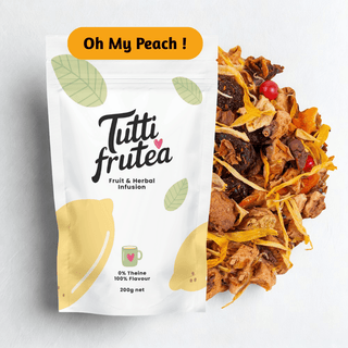 Sachet vrac 200g infusion bio Oh My Peach !, mélange de morceaux de fruits aux notes intenses de pêche de vigne, sans théine.