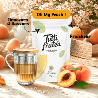 Sachet vrac 200g infusion bio Oh My Peach !, mélange de morceaux de fruits aux notes intenses de pêche de vigne, sans théine.